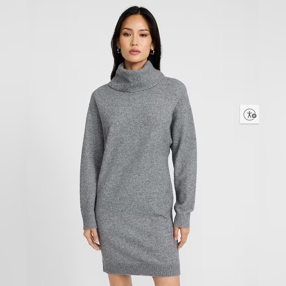 NWT EXPRESS Boucle Turtleneck Long Sleeve Mini Sweater Dress, Gray, Size Large